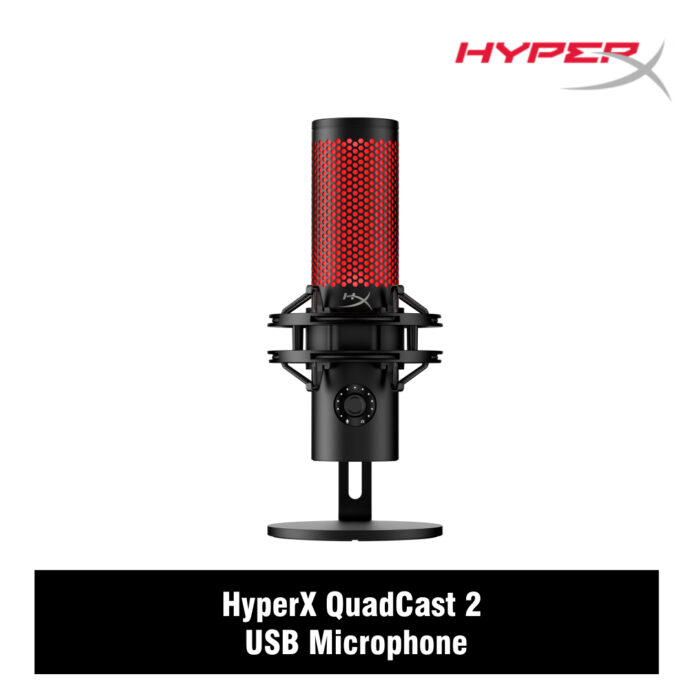 HyperX QuadCast 2 USB Microphone, Hi-Res Studio-Quality Recording, Intuitive On-Board Controls, Removable Shock Mount, Tap-to-Mute Sensor, Stunning HyperX Red Lighting, Black | 872V1AA