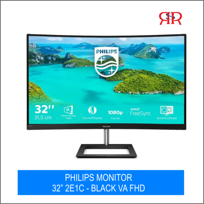 Philips E-Line Curve Monitor, 32" VA Display, FHD Resolution, 75Hz Refresh Rate, 4ms (GtG) Response Time, AMD FreeSync Technology, 16.7m Color Display, SmartImage Game, Black | 322E1C